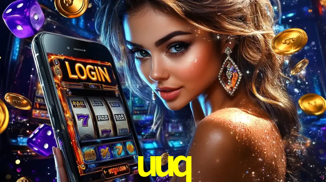 Mulher glamorosa segurando um smartphone com a tela de login para os jogos de caça-níqueis do cassino online uuq, com moedas de ouro e dados ao redor.