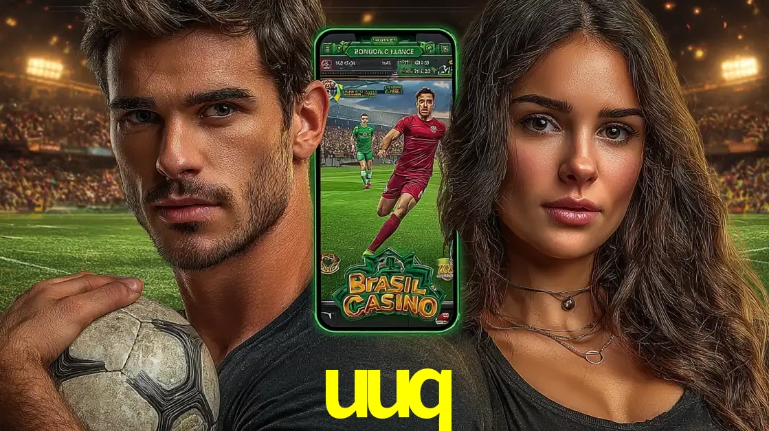 Homem segurando uma bola de futebol e uma mulher ao lado de um smartphone exibindo o jogo de apostas esportivas da uuq. Faça seu palpite no cassino online.